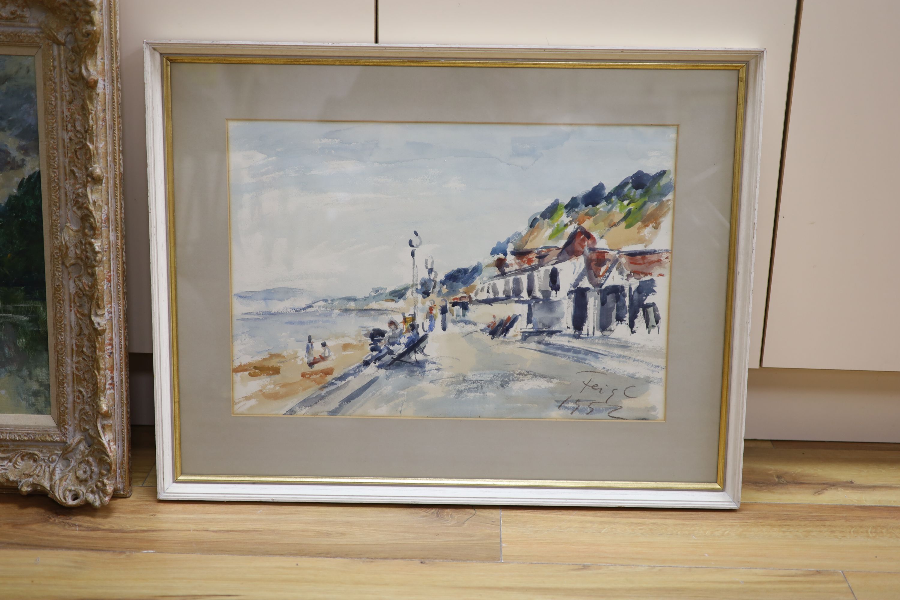 Italian School, watercolour, Figures along the promenade, signed and dated 1952, 37 x 54cm